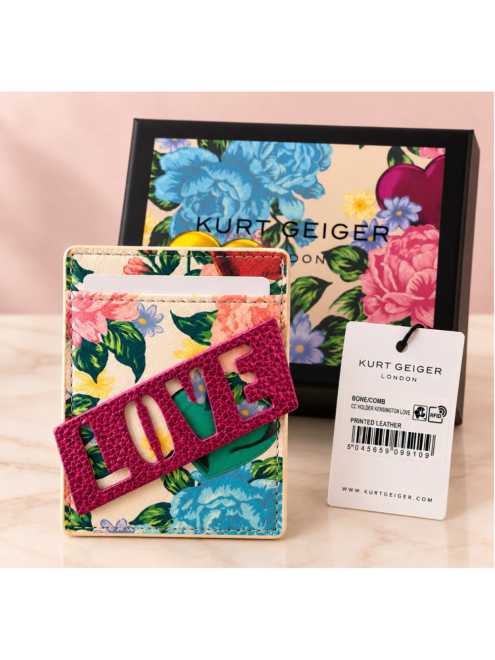 Kurt Geiger Floral Printed Card Holder with Fuchsia 'LOVE' Accent